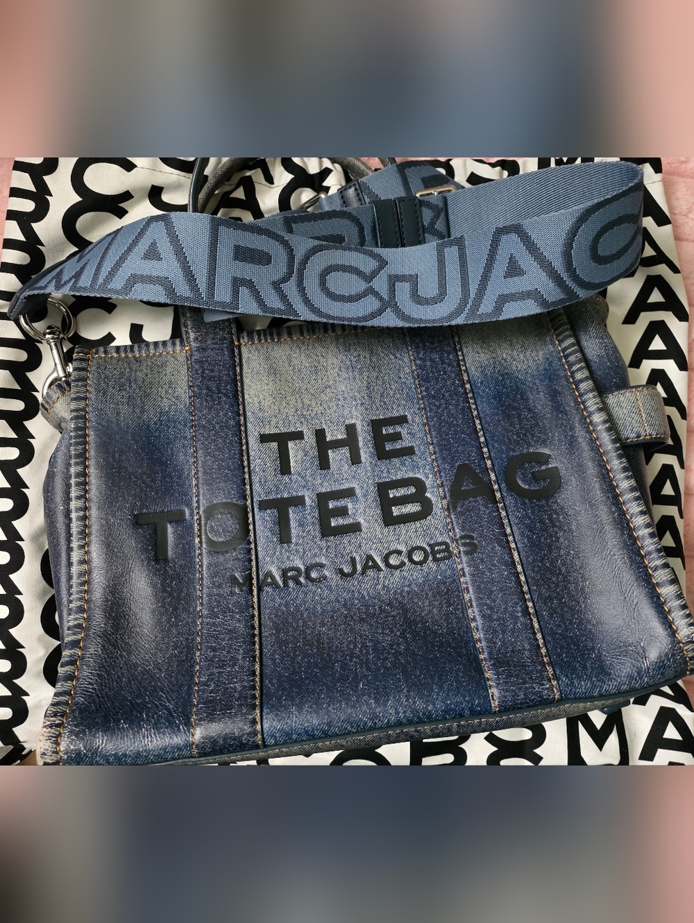 Marc Jacobs Limited Edition Medium Denim Printed Leather Tote w/ Wide Blue Strap